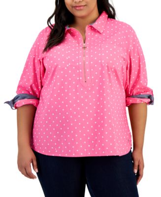 売れ筋商品|||トミー ヒルフィガー カットソー トップス レディース Plus Size Cotton llic Clip-Dot Popover Tunic, Exclusively at Macy's Bright White Tommy Hilfiger Plus Size Cotton Metallic Clip-Dot Popover