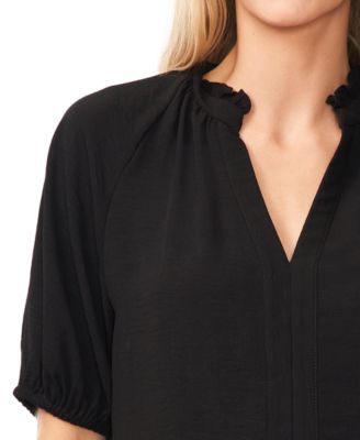 Women's Short Sleeve Ruffle Neck Raglan Split Neck Blouse