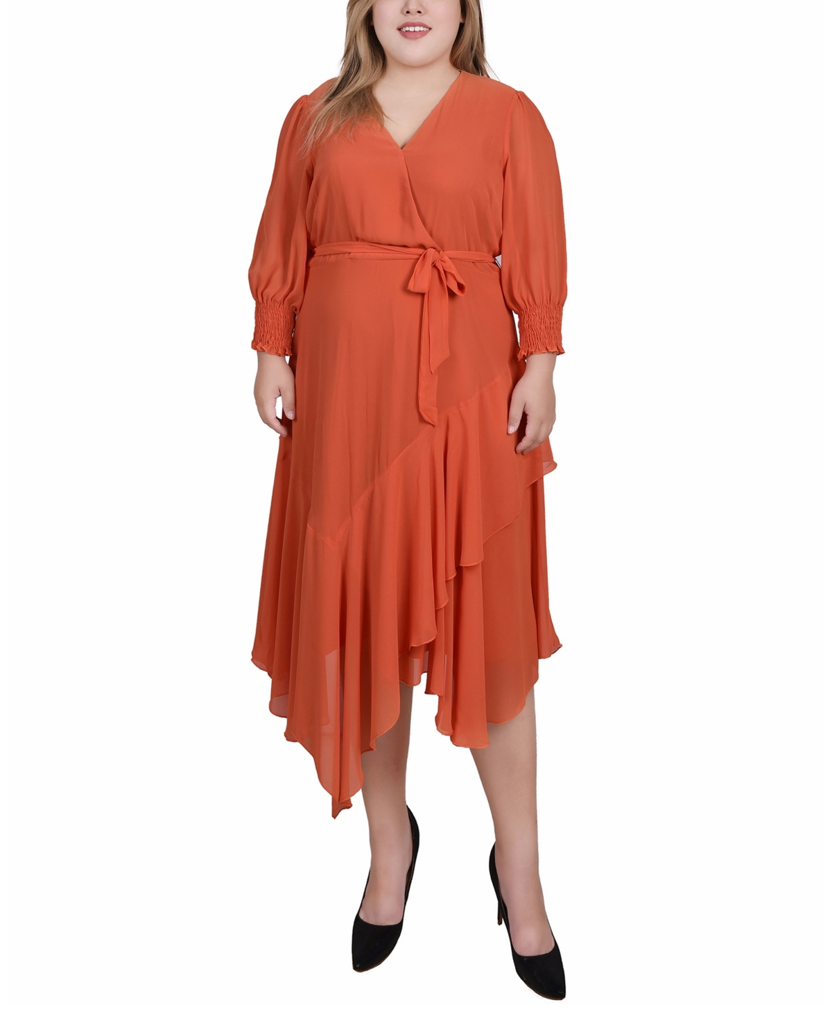 1920s Style Dresses, 1920s Dress Fashions You Will Love Ny Collection Plus Size 34 Sleeve Belted Chiffon Handkerchief Hem Dress - Orange Rust $27.90 AT vintagedancer.com