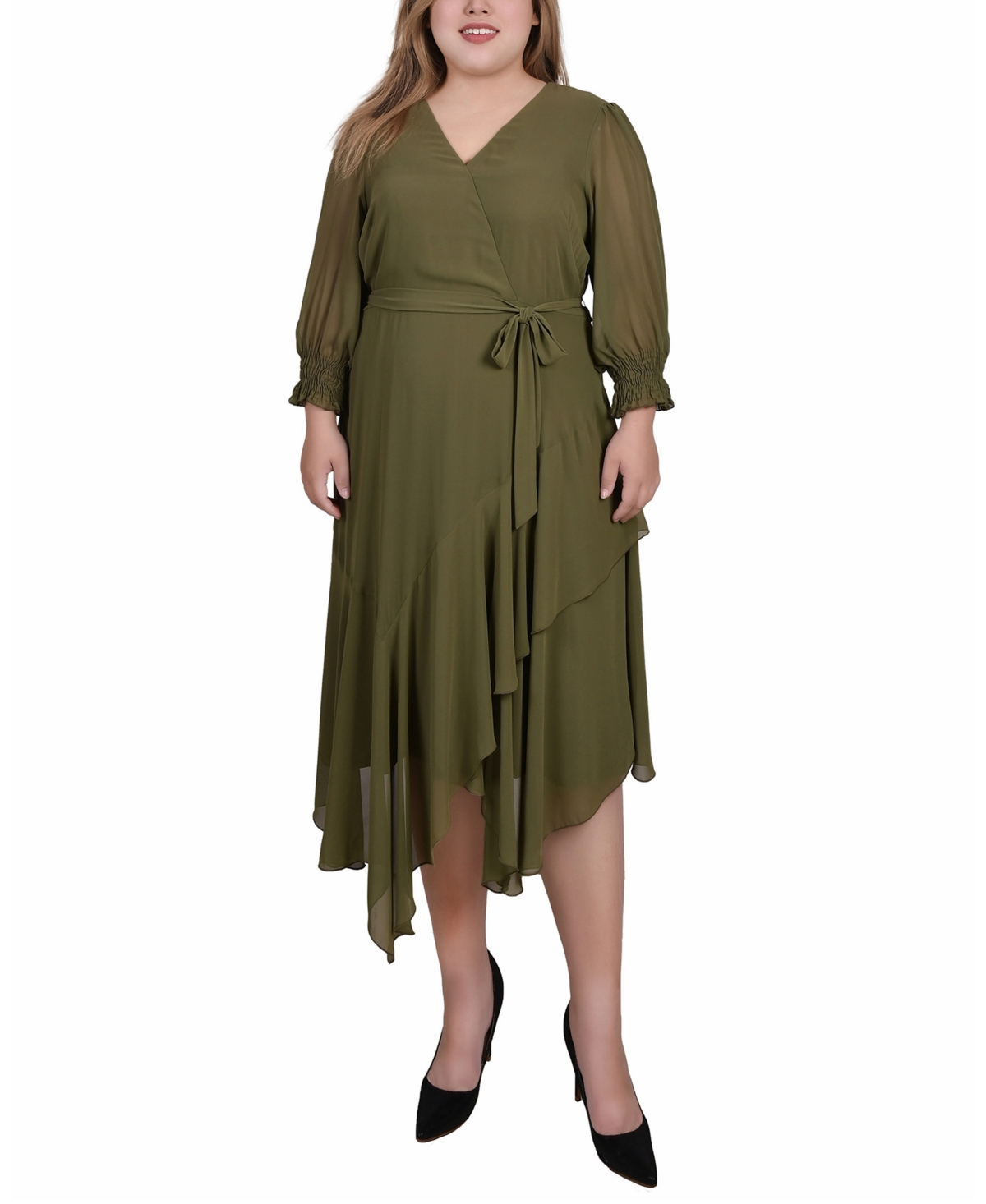 Ny Collection Plus Size 3/4 Sleeve Belted Chiffon Handkerchief Hem Dress In Winter Moss