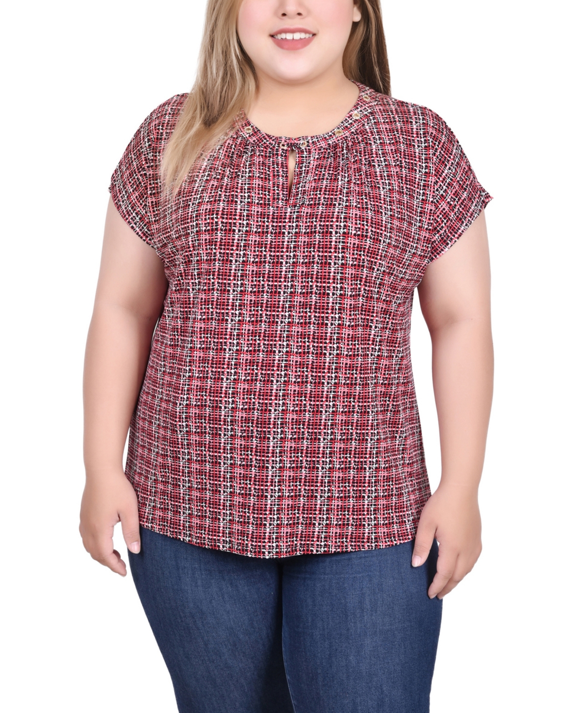 Ny Collection Plus Size Extended Sleeve Top With Grommets In Rose Black Evolre Plaid