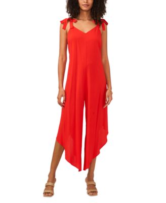 Women's V-Neck Sleeveless Tie-Shoulder Angled-Hem Jumpsuit