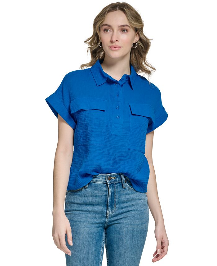 Calvin Klein Textured Cotton Pullover Camp Shirt - Macy's