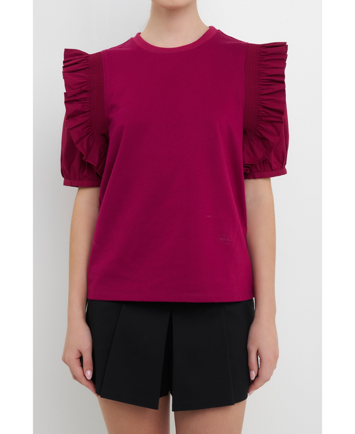 English Factory Mixed Media Ruffle Top In Grape