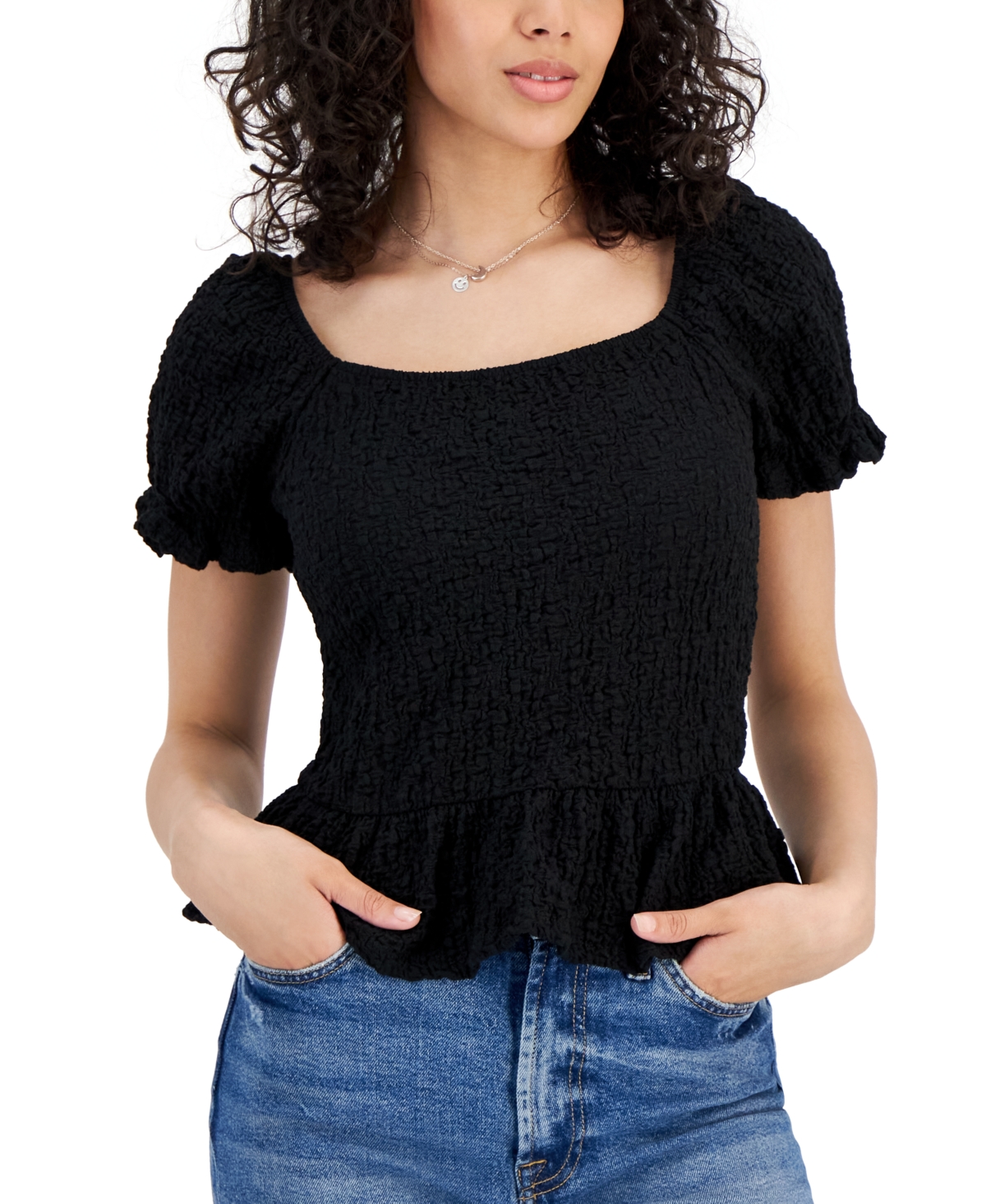 Almost Famous Crave Fame Juniors' Short-sleeve Ruffle-hem Smocked Top In Jet Black