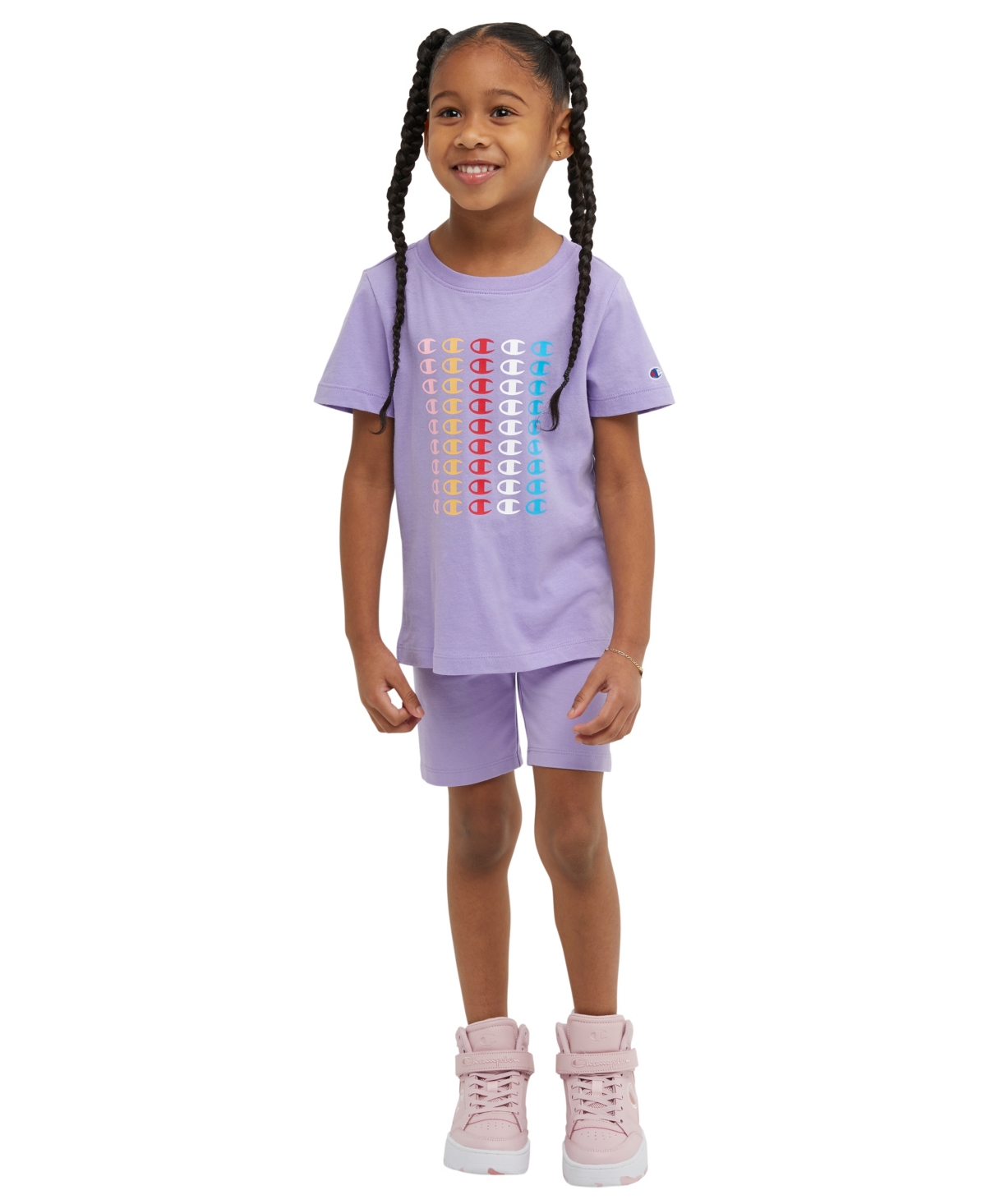 Champion Kids' Little Girls Short Sleeve T-shirt And Bike Shorts, 2 Piece Set In Salty Purple