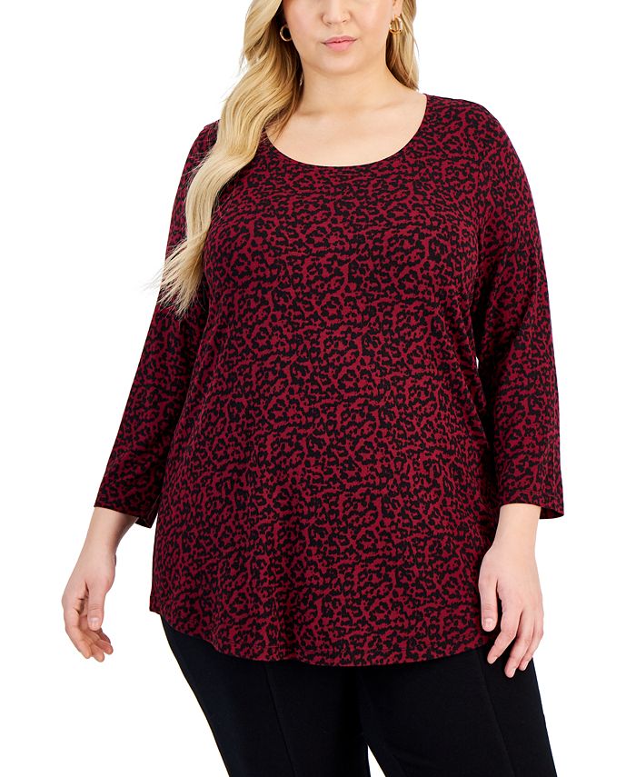 JM Collection Plus Size Abstract-Print 3/4 Sleeve Top, Created for Macy ...