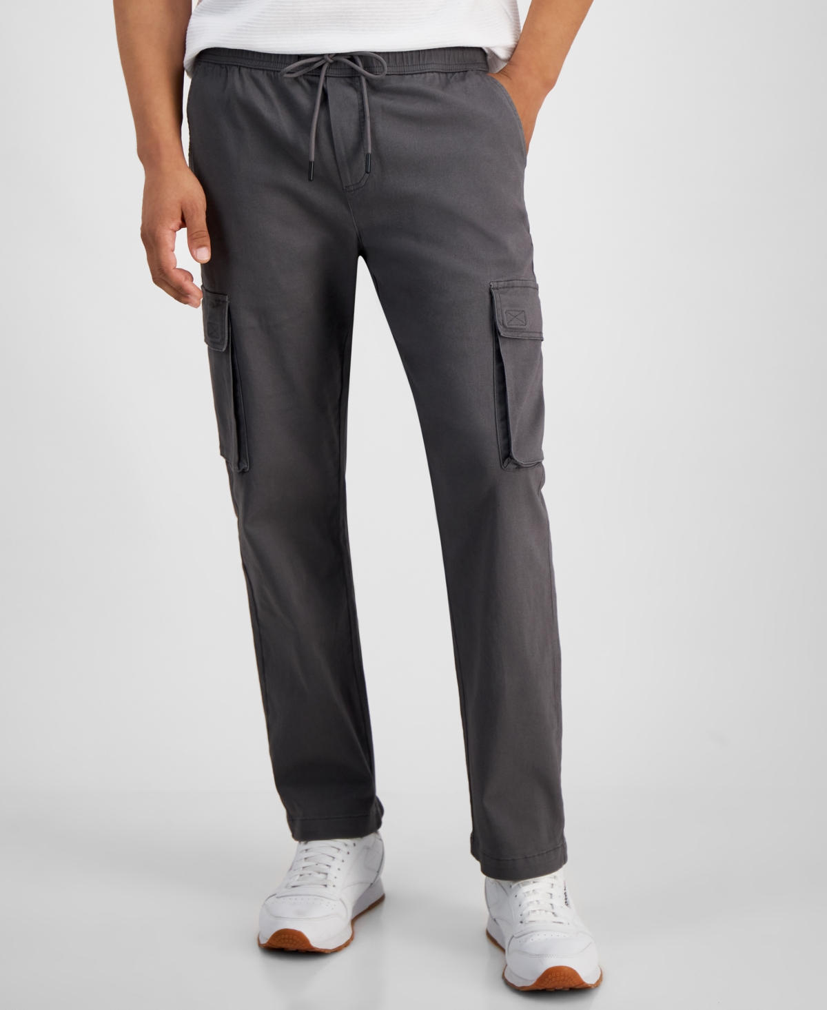 Men's Regular-Fit Twill Drawstring Cargo Pants, Created for Macy's - Charcoal