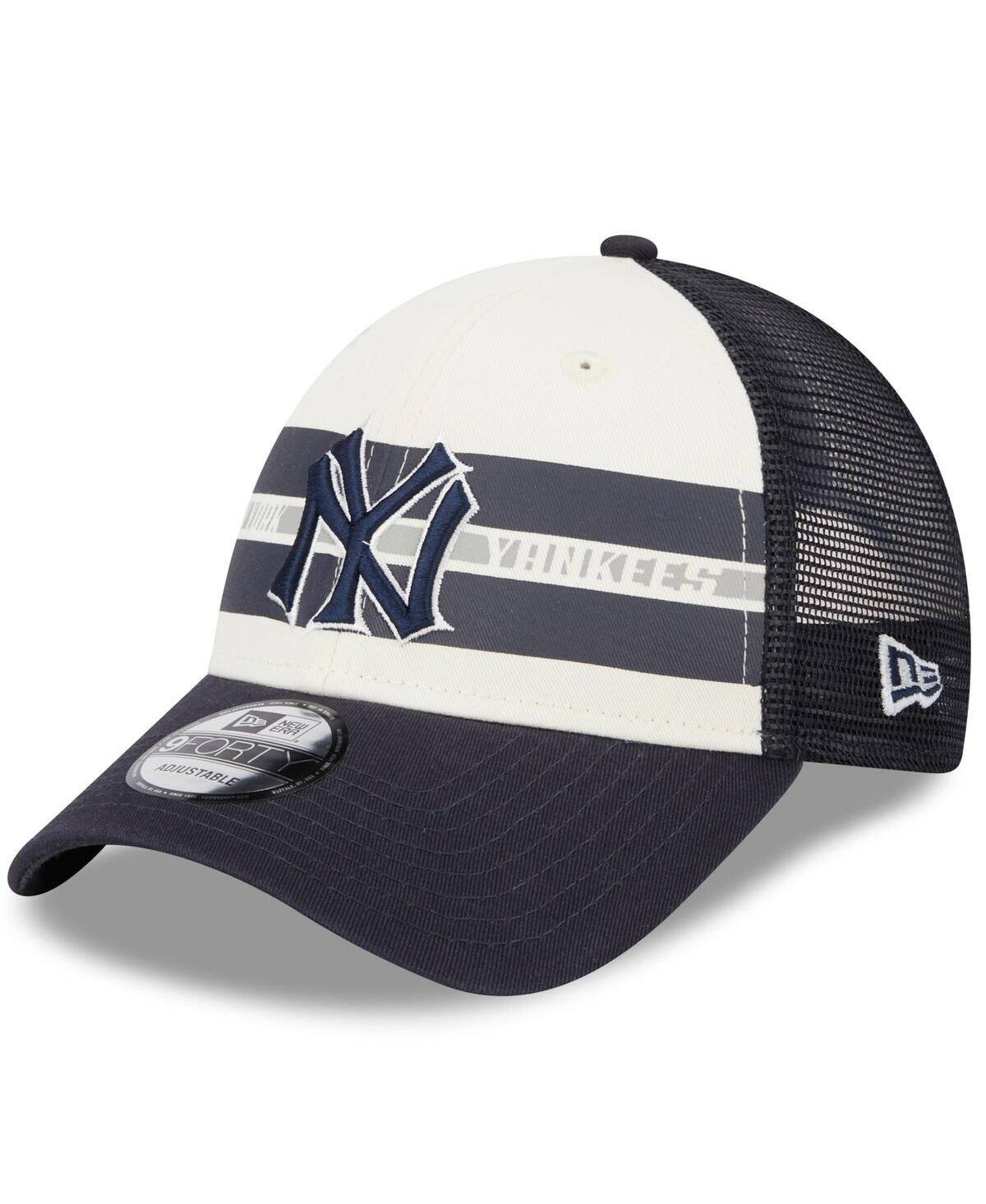 New Era Men's  White, Navy New York Yankees Team Stripe Trucker 9forty Snapback Hat In White,navy