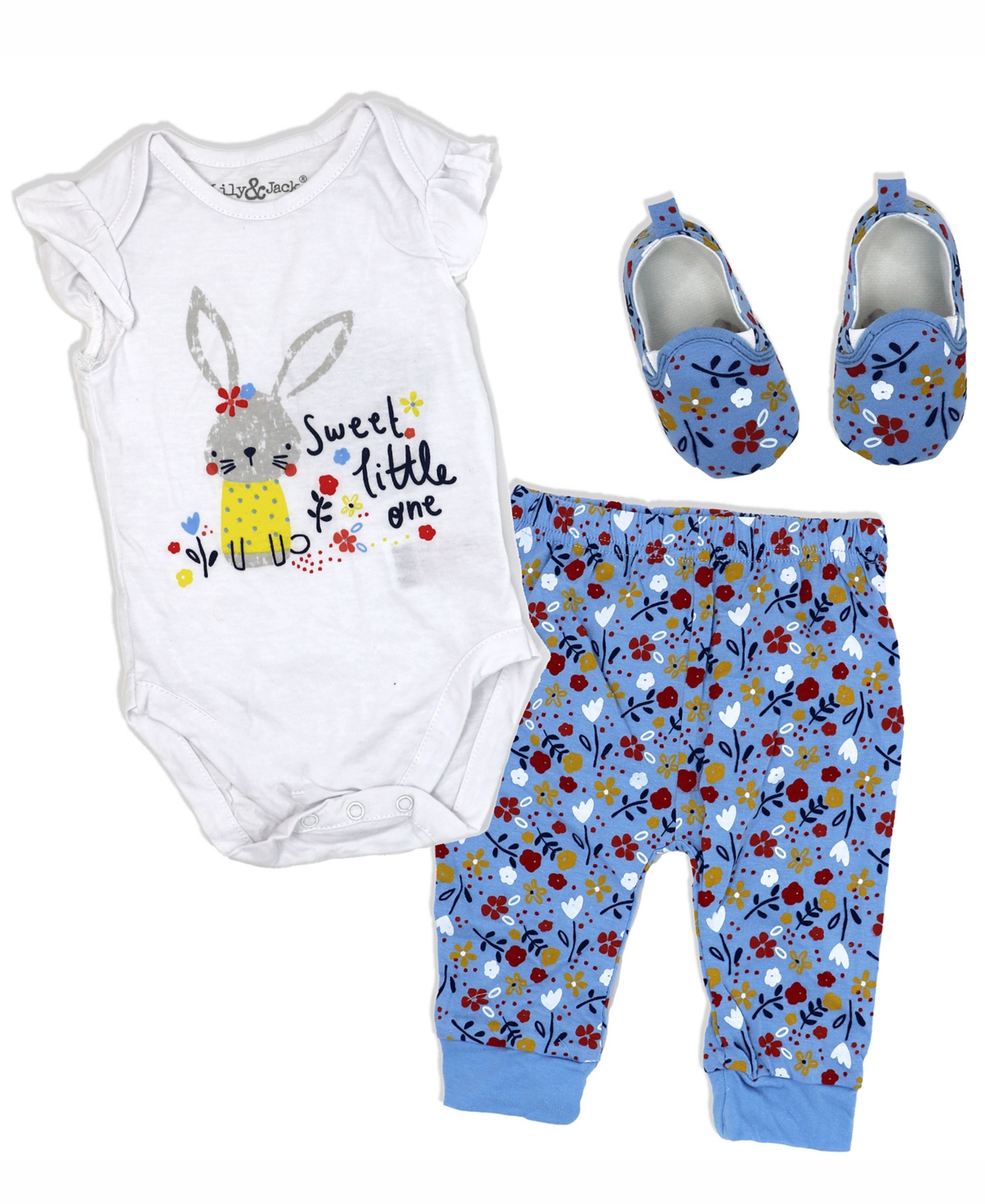Lily & Jack Baby Girls Bunny Bodysuit, Jogger Pants And Shoes, 3 Piece Set In White