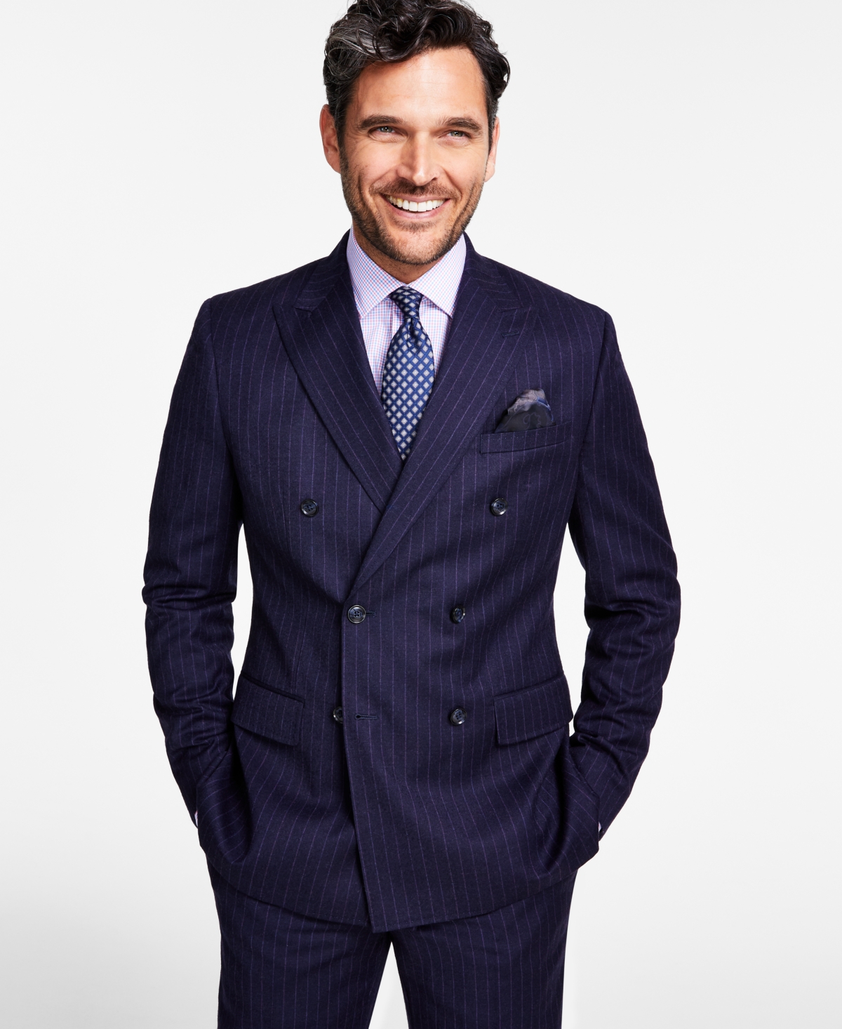 Men's Slim-Fit Stretch Pinstripe Double-Breasted Suit Jacket - Navy Pinstripe