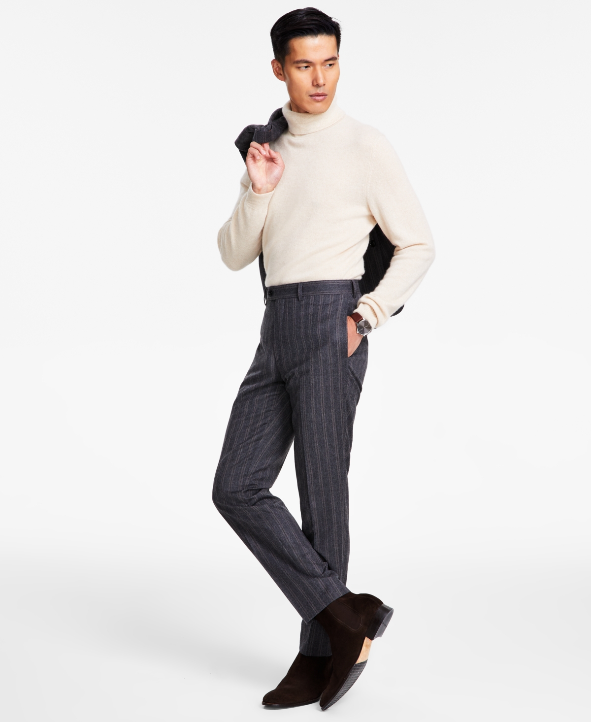 Tallia Men's Slim-fit Stretch Solid Suit Pants In Grey,brown Pinstripe