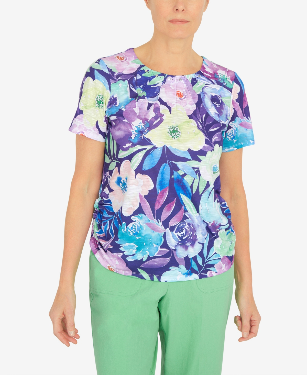 Alfred Dunner Petite Cinched Waist Floral T-shirt In Purple