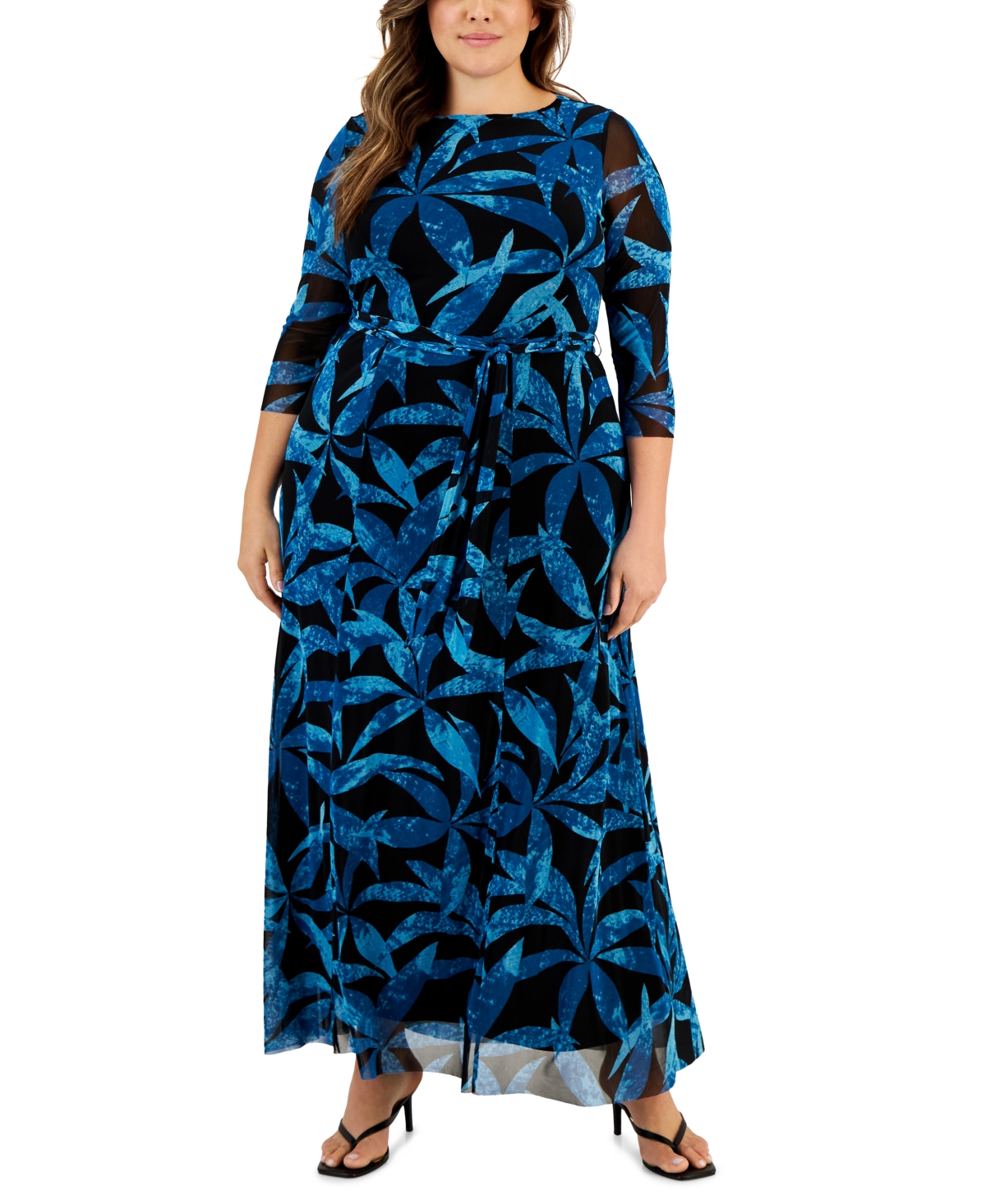 Anne Klein Plus Size Printed 3/4-Sleeve Mesh Maxi Dress