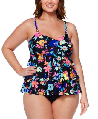 Island Escape Plus Size Floral Print Triple Tier Tankini Top Bottoms Created For Macys Women's Swimsuit