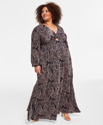 Nina Parker - Trendy Plus Size Keyhole Printed Pleated Jersey Maxi Dress