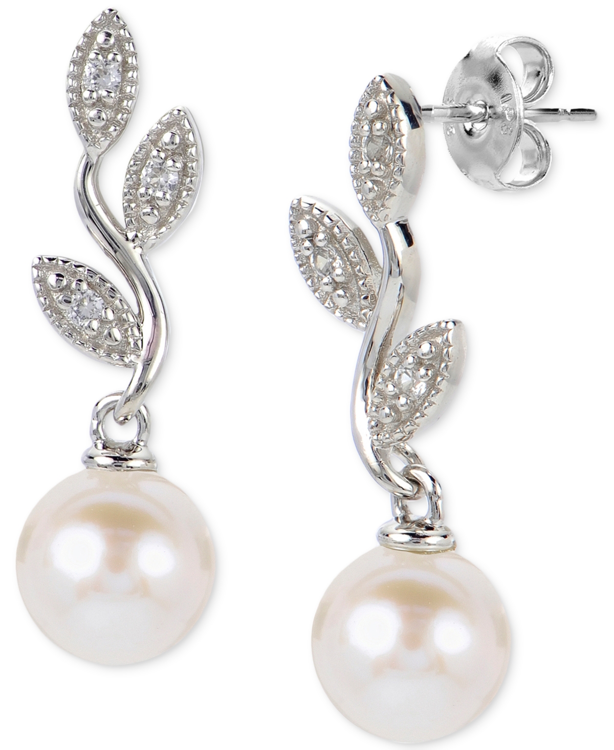 Macy's Cultured Freshwater Pearl (6 1/2mm) & Lab-created White Sapphire (1/10 Ct. T.w.) Vine Drop Earrings In Sterling Silver