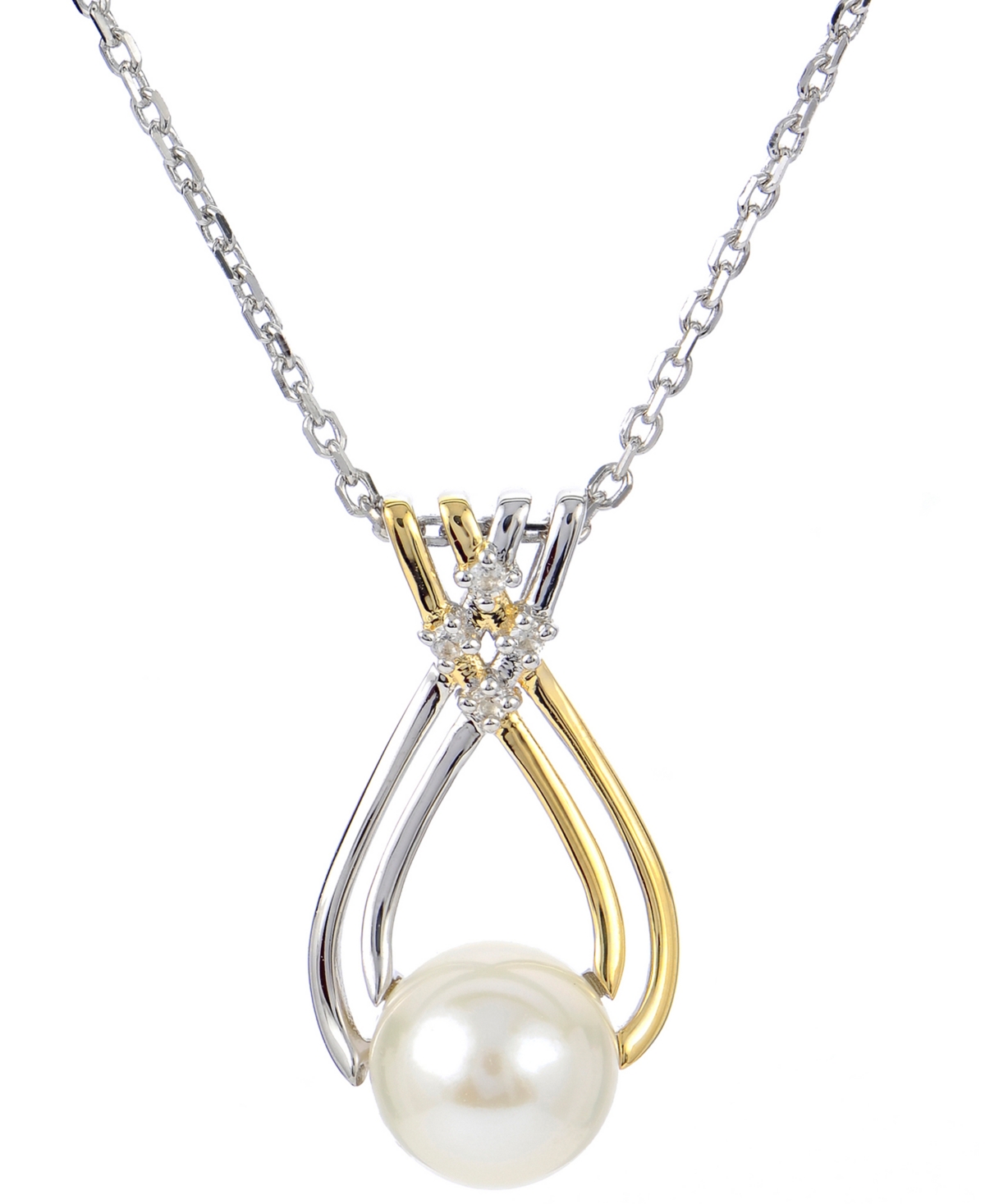 Macy's Cultured Freshwater Pearl (8mm) & Lab-created White Sapphire (1/20 Ct. T.w.) 18" Pendant Necklace In In Gold Over Silver