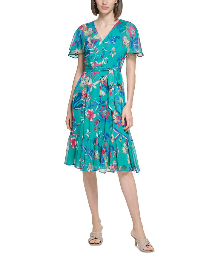 Calvin Klein Women's Floral-Print Short-Sleeve Ruffle-Hem Dress - Macy's