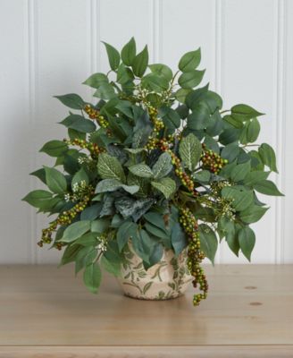 Mixed Ficus, Fittonia and Berries Artificial Plant in Floral Vase