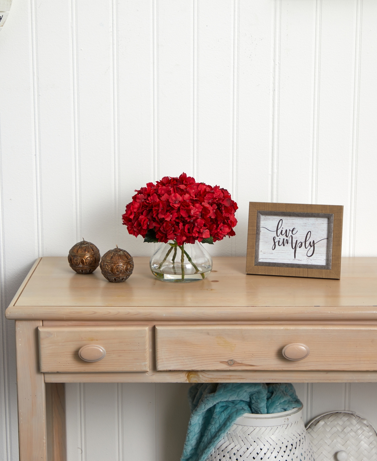 Nearly Natural 8.5" H Red Hydrangea Silk Flower Arrangement w/ Glass Vase