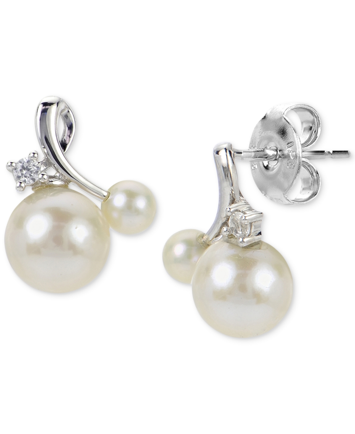 Macy's Cultured Freshwater Pearl (3-1/2 & 6-1/2mm) & Lab-created White Sapphire (1/20 Ct. T.w.) Stud Earrin In Sterling Silver