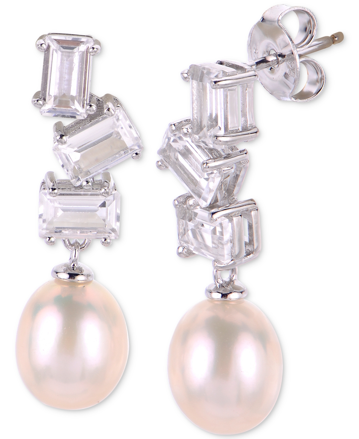 Macy's Cultured Freshwater Rice Pearl (7mm) & Lab-created White Sapphire (2-1/10 Ct. T.w.) Drop Earrings In In Sterling Silver