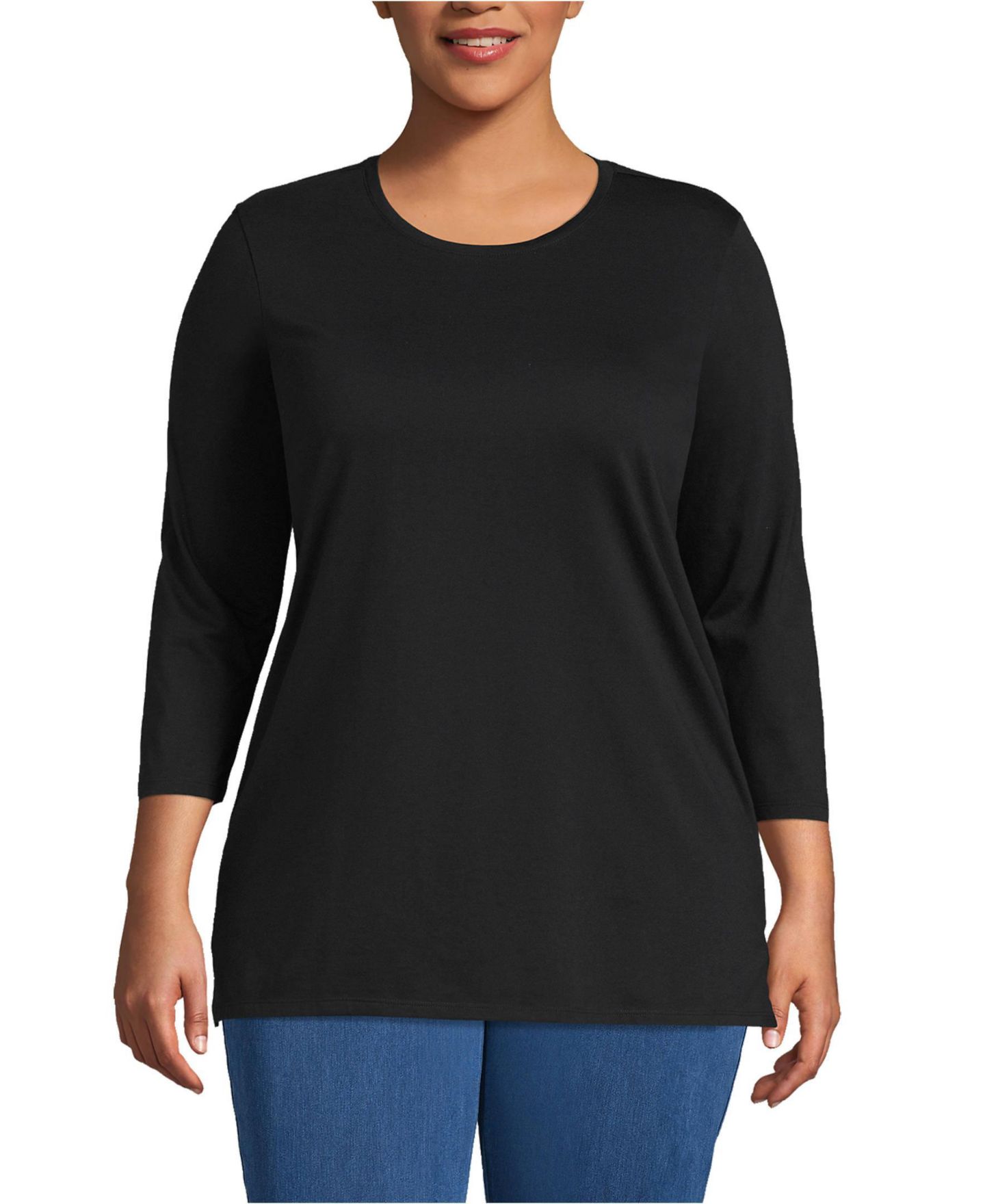 Женский топ Lands' End Plus Size 3/4 Sleeve Cotton Supima Tunic Top, цвет: Чёрный — фото 1