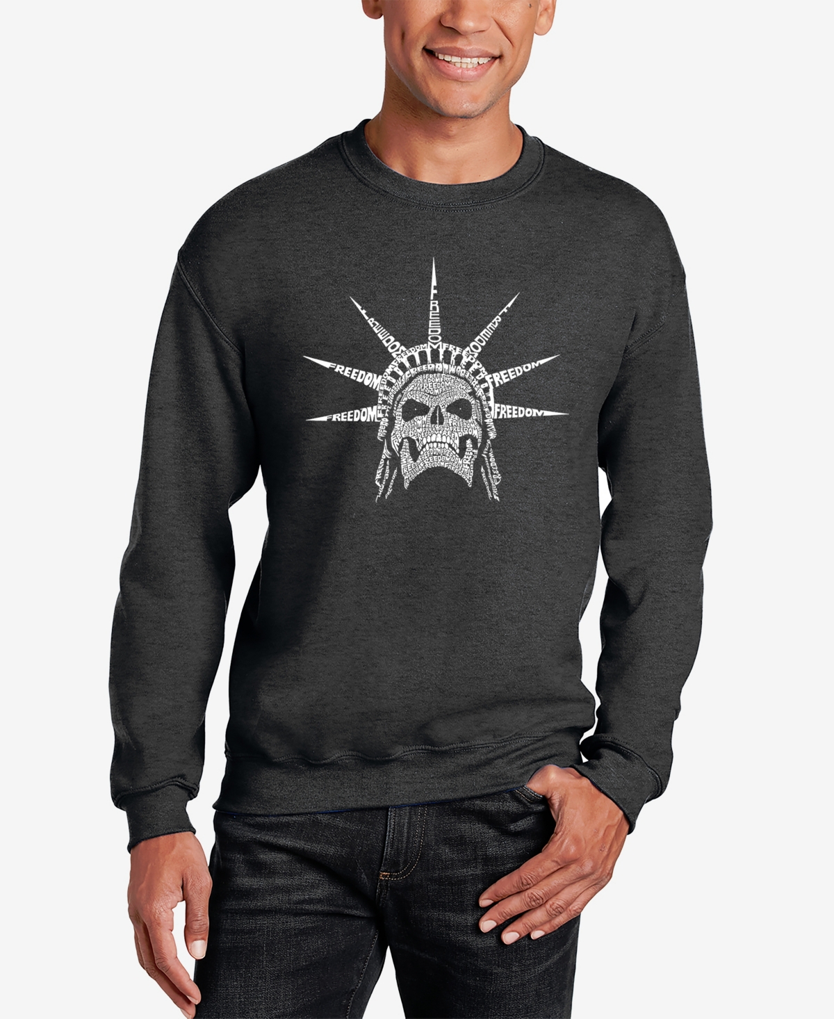 La Pop Art Men's Word Art Crewneck Freedom Skull Sweatshirt In Dark Gray