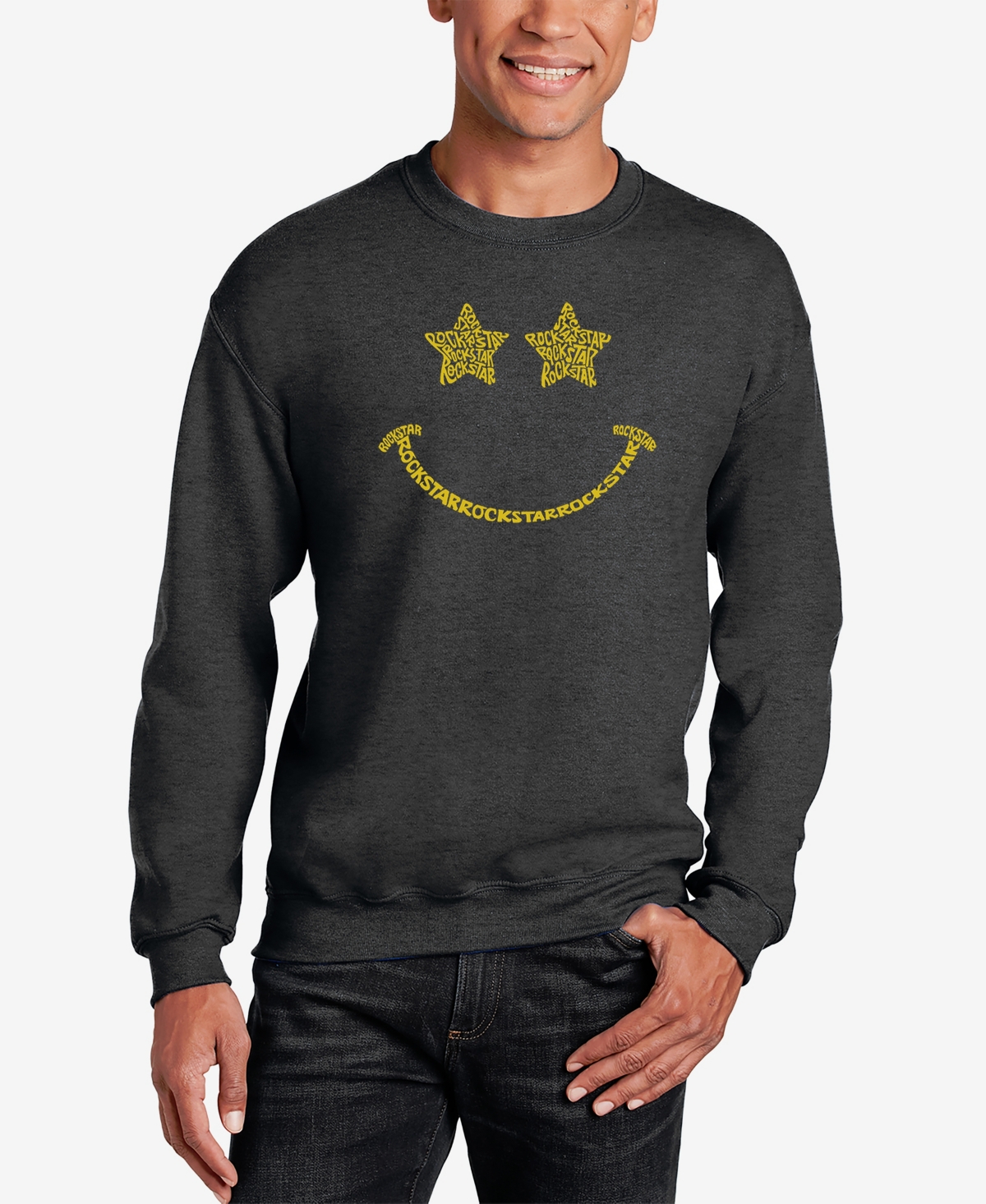 La Pop Art Men's Word Art Crewneck Rockstar Smiley Sweatshirt