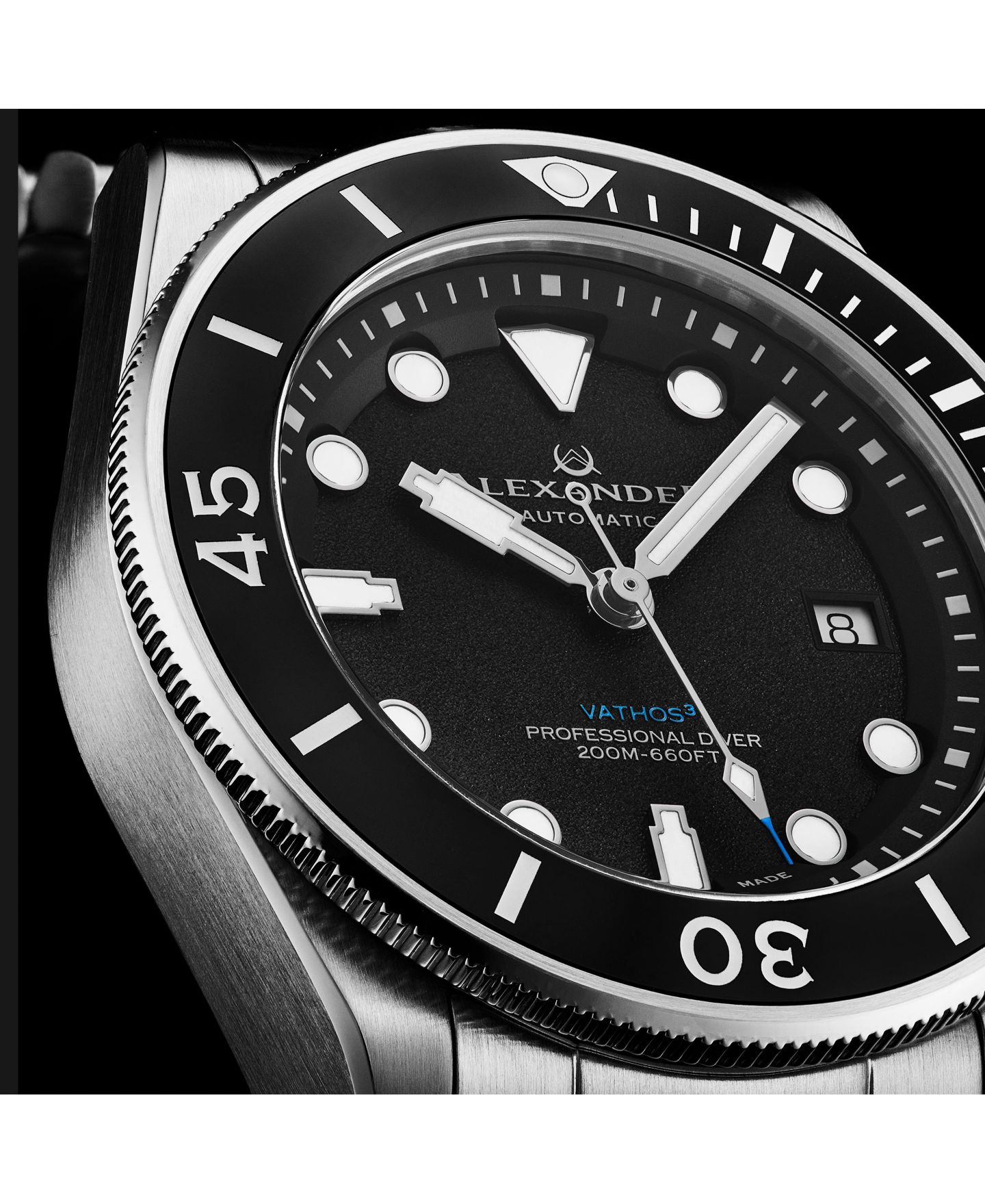 Мужские часы Alexander Vathos3 Swiss Made Diver Watch 43mm Silver Tone Stainless Steel Case Black Dial Rotating Bezel Sapphire Crystal 200M Water Resistant, цвет: Серебряный — фото 2