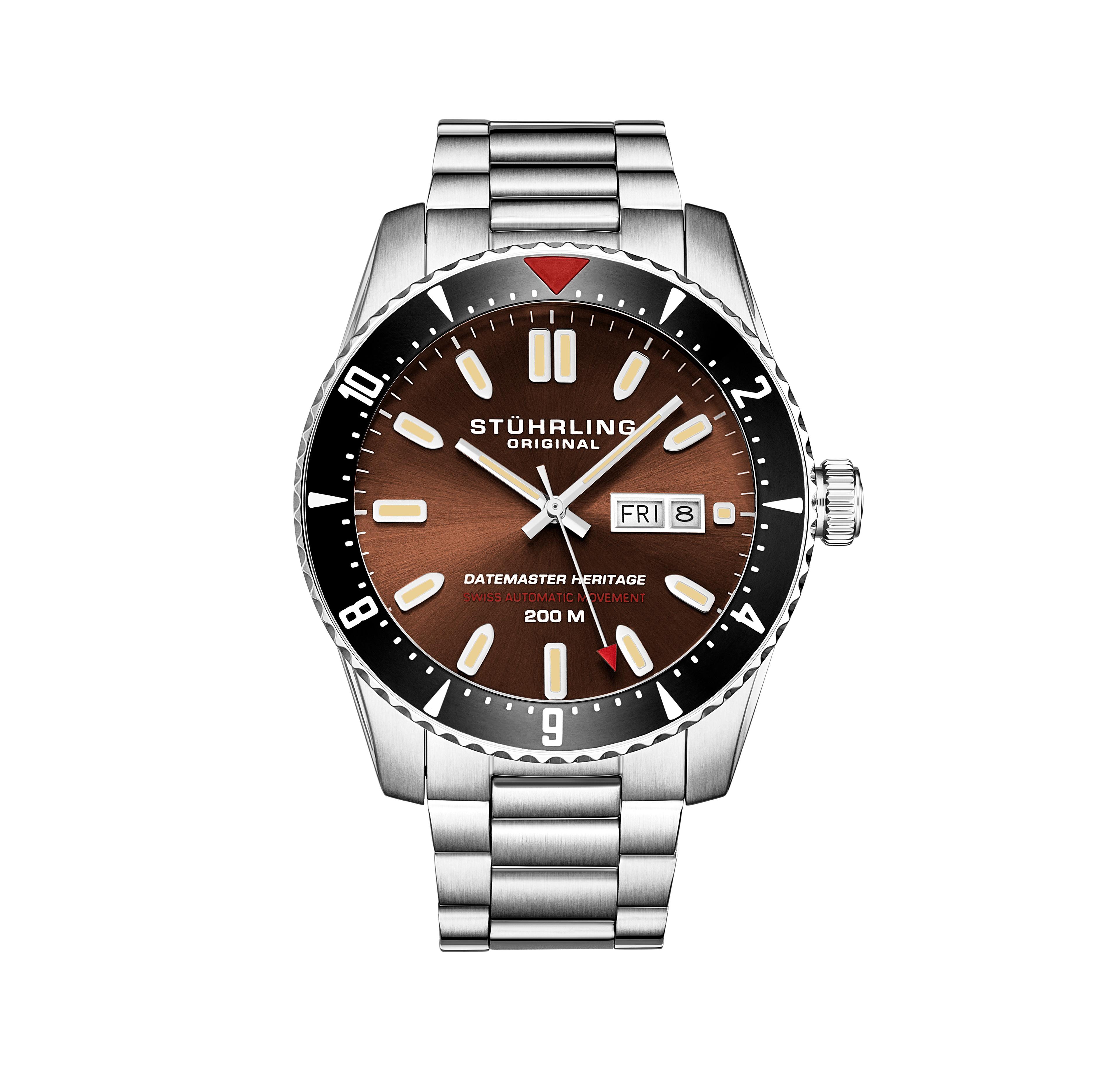Stuhrling Men's Aquadiver Silver-tone Stainless Steel , Brown Dial , 51mm Round Watch