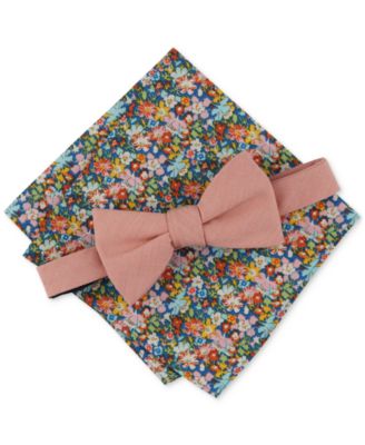 Bar III - Men's Solid Bow Tie & Floral Pocket Square Set