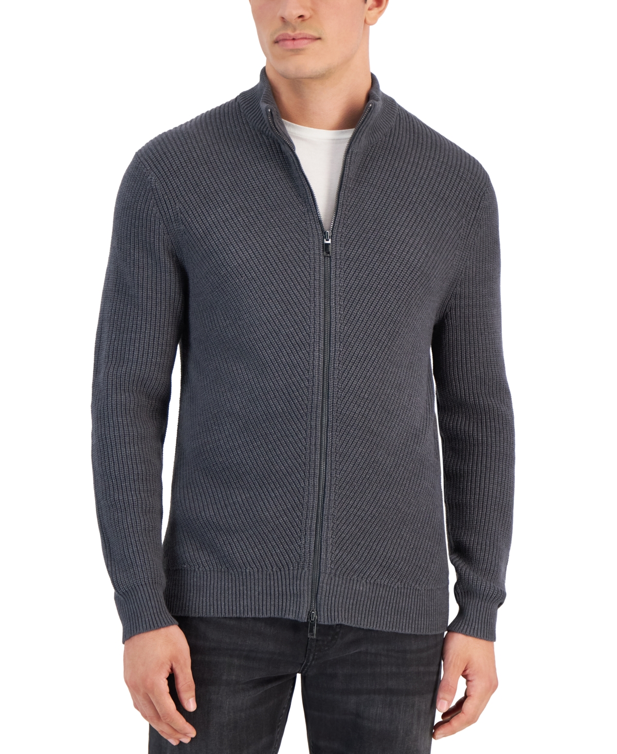 Alfani Men's Heavy Rib Zip-front Sweater Jacket, Created For Macy's In Dark Lead Heather Bn