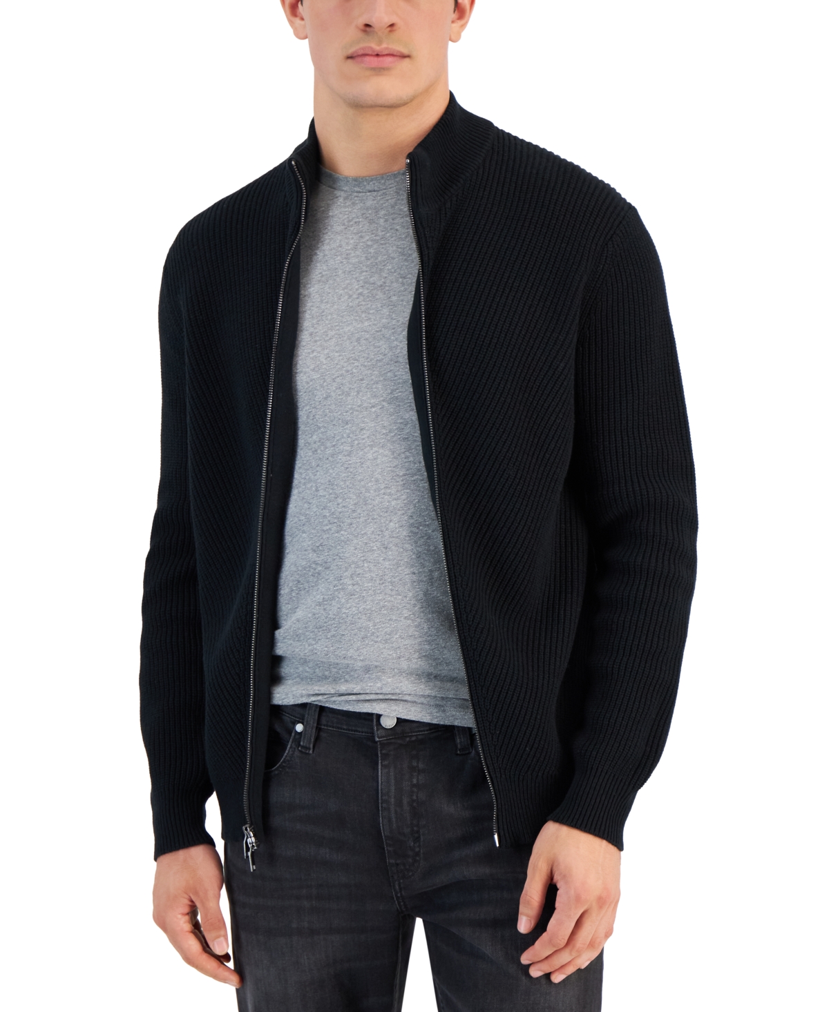 Alfani Men's Heavy Rib Zip-front Sweater Jacket, Created For Macy's In Deep Black