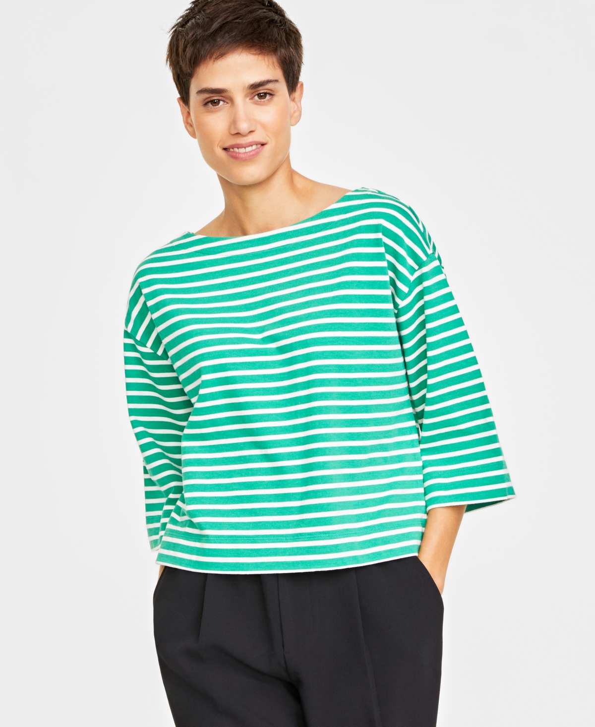 On 34th Women's Heavyweight Cotton Striped Boat-neck Top, Created For Macy's In Leprechain Combo