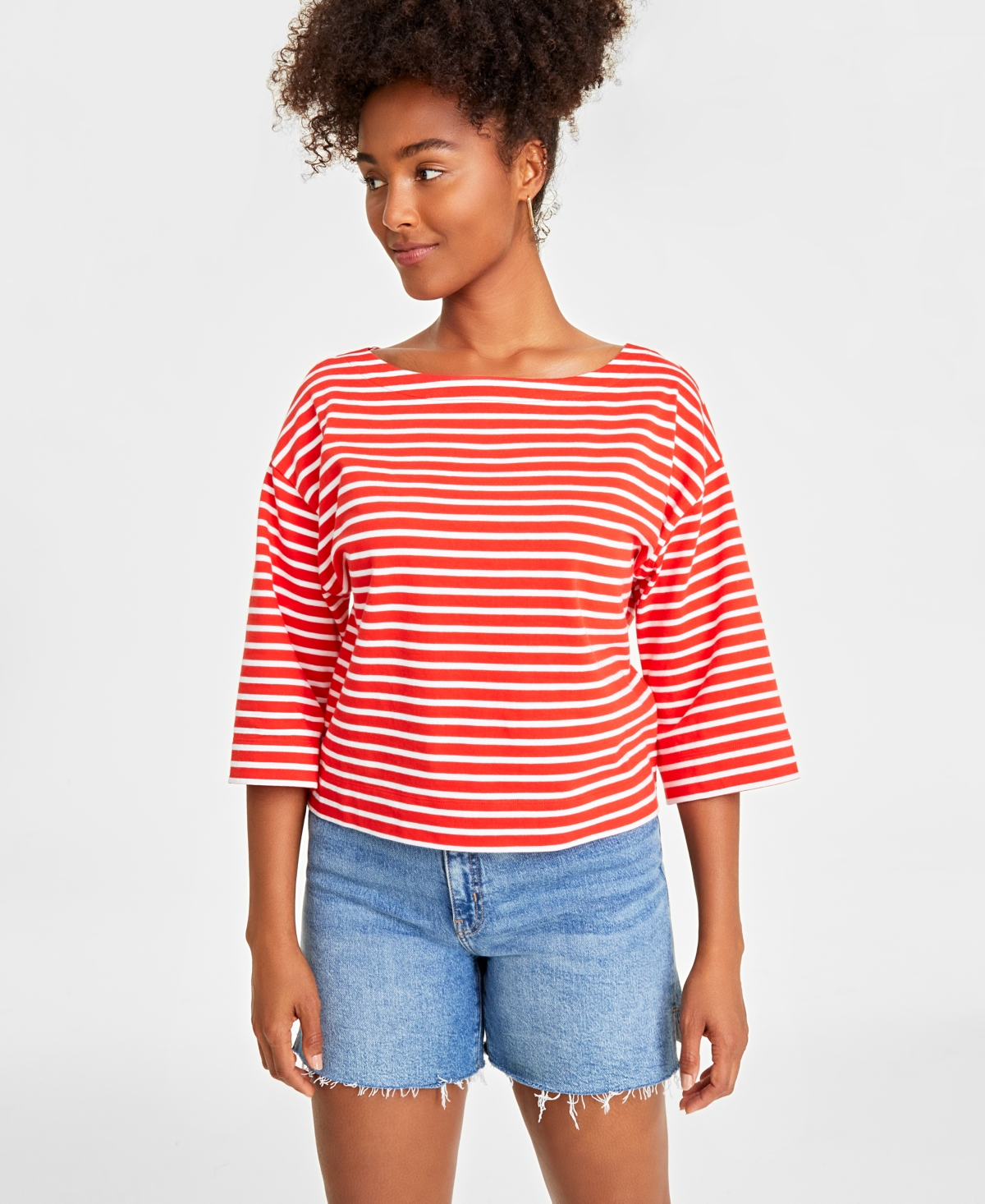 On 34th Women's Heavyweight Cotton Striped Boat-neck Top, Created For Macy's In Fiery Red Combo