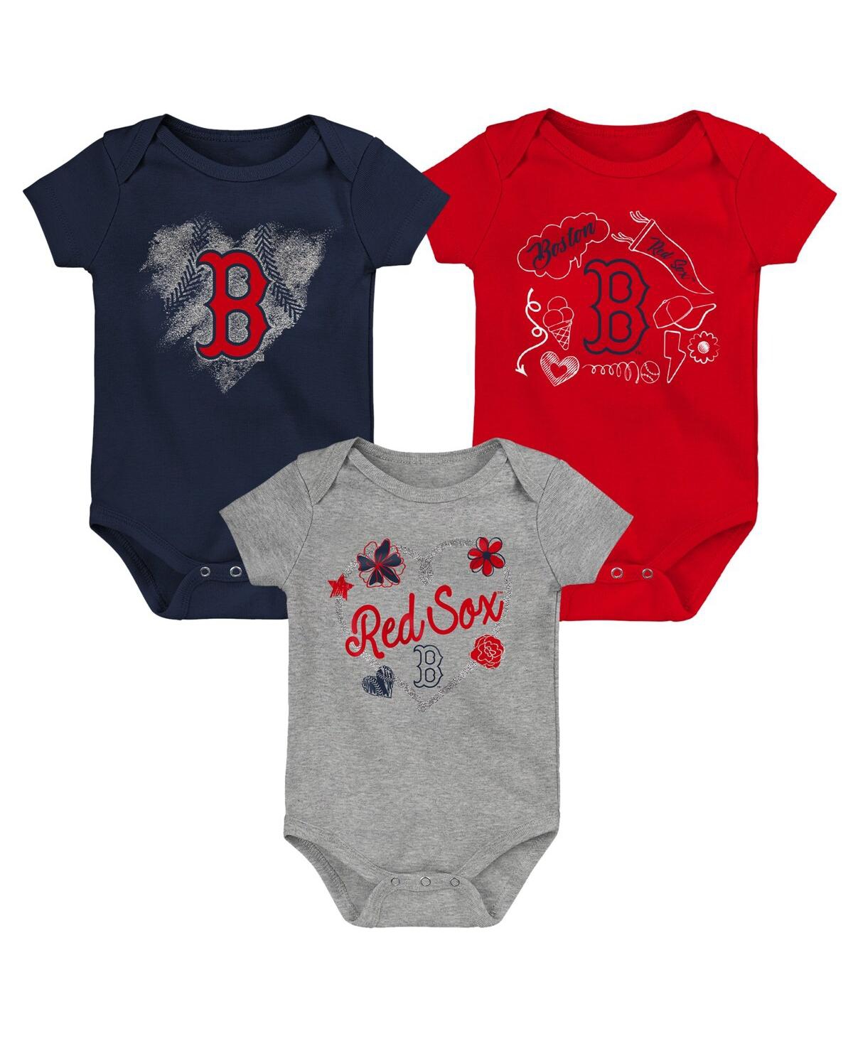 Outerstuff Girls Newborn And Infant Navy, Red, Heathered Gray Boston Red Sox 3-pack Batter Up Bodysuit Set In Navy,red,heathered Gray