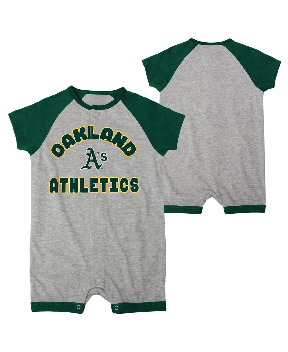 OUTERSTUFF INFANT BOYS AND GIRLS HEATHER GRAY OAKLAND ATHLETICS EXTRA BASE HIT RAGLAN FULL-SNAP ROMPER