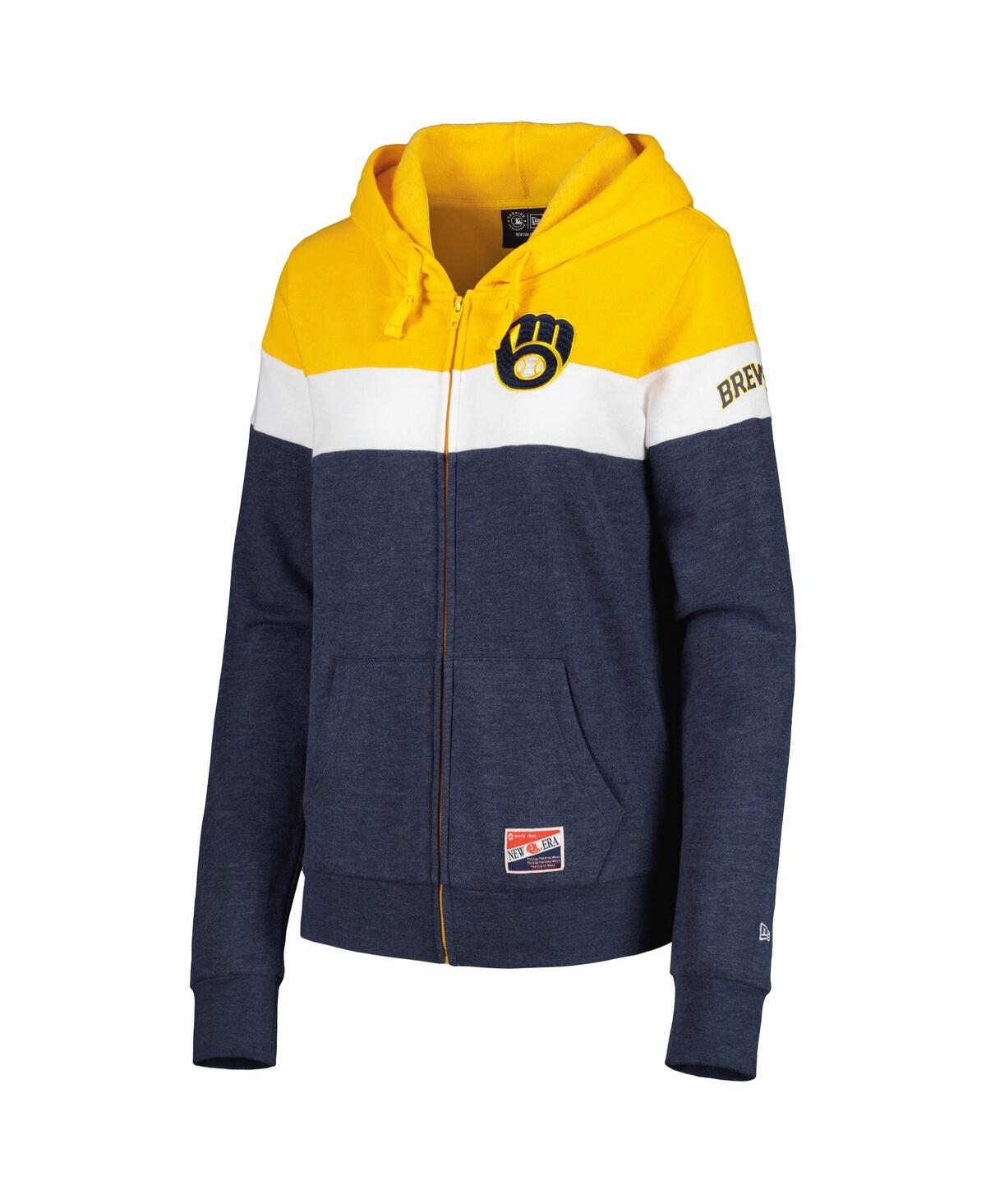 NEW ERA WOMEN'S NEW ERA HEATHER NAVY MILWAUKEE BREWERS COLORBLOCK FULL-ZIP HOODIE JACKET 