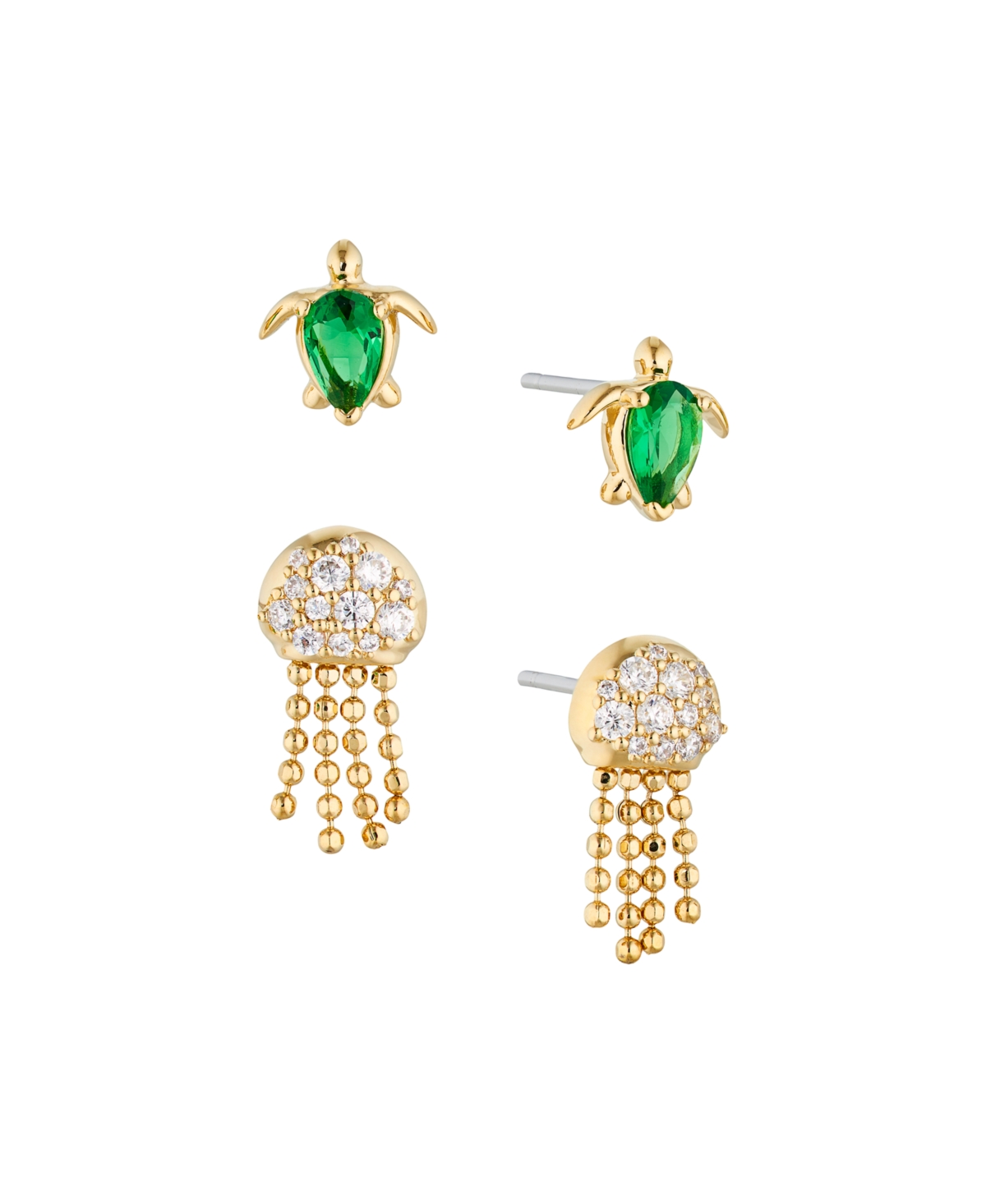 Gold Cubic Zirconia Turtle and Jellyfish Stud Earrings Set of Two Pair - Gold
