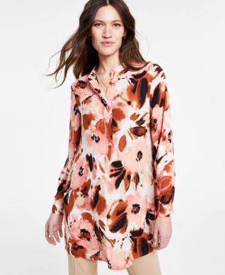 Anne Klein - Women's Printed Split-Neck Long-Sleeve Top