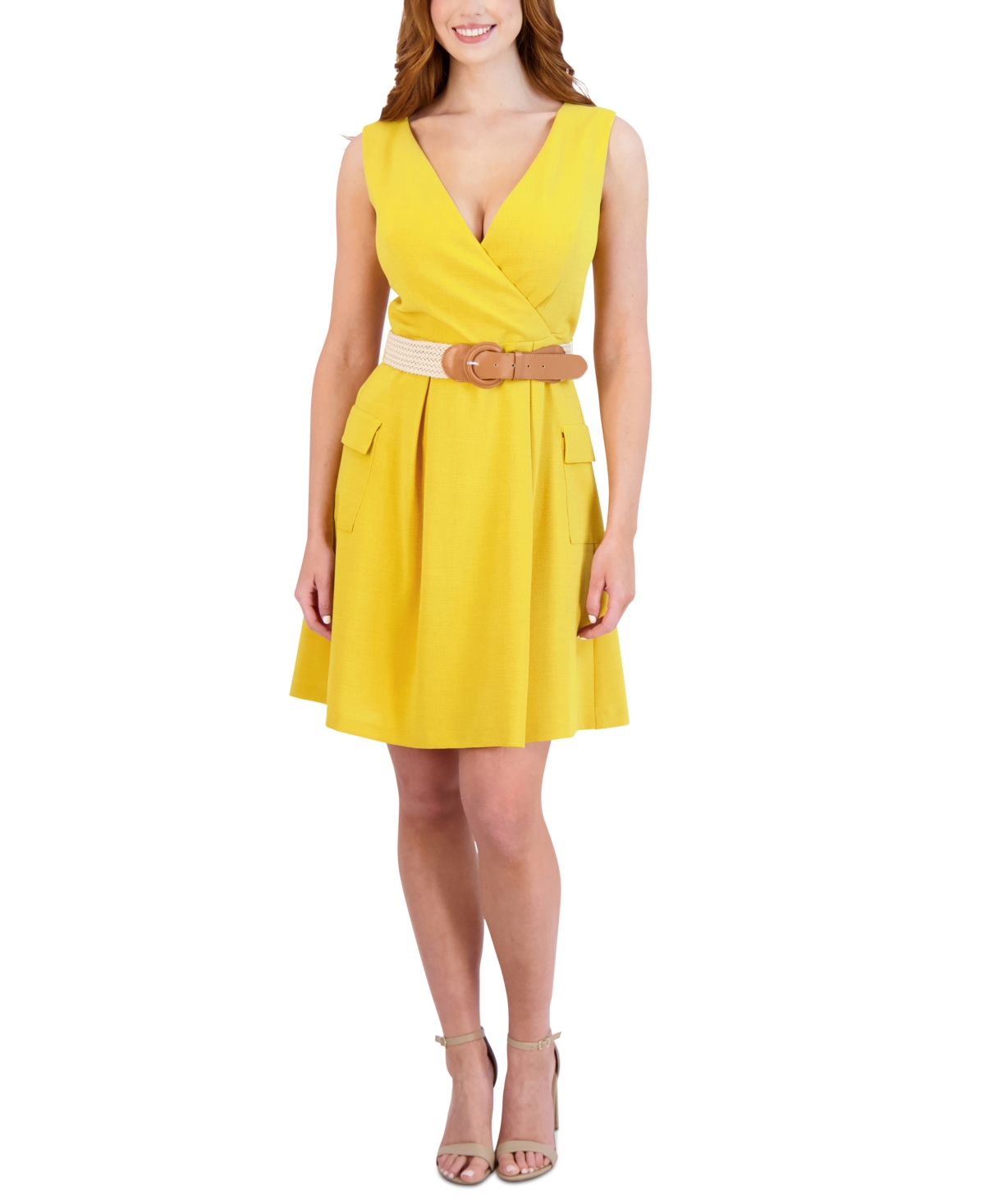 Shop Donna Ricco Women's Belted V-neck Sleeveless Dress In Mustard
