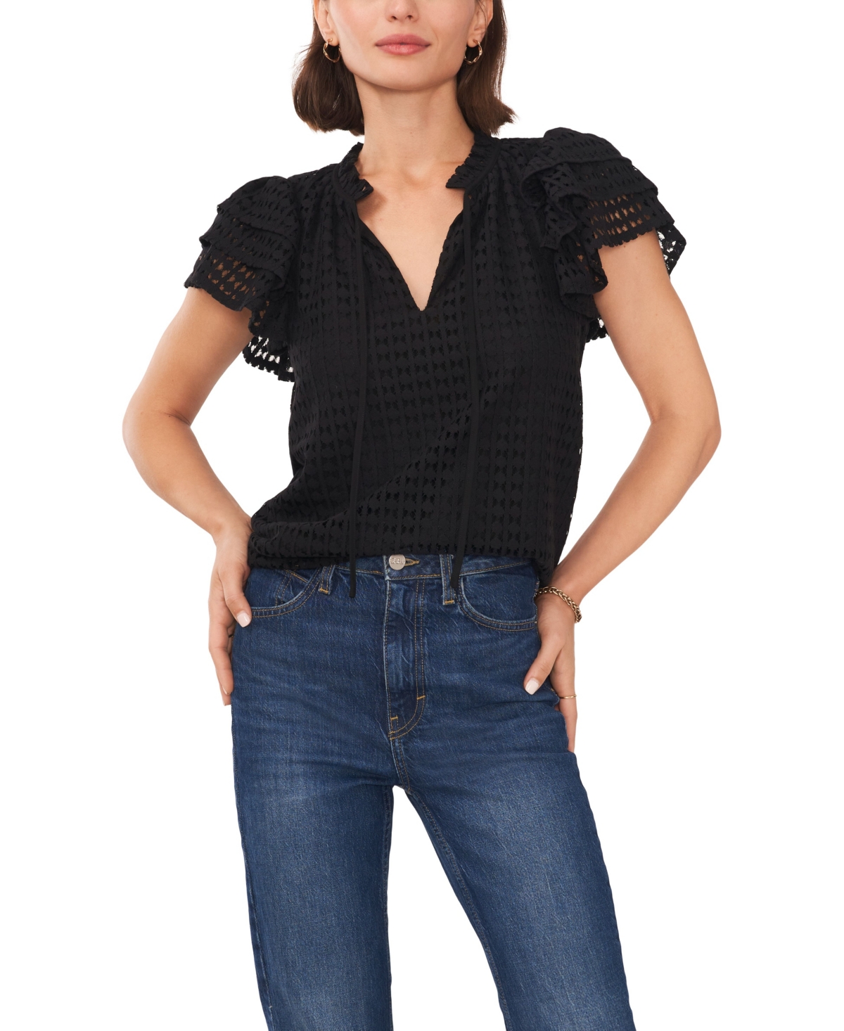 Shop 1.state Women's Tie Neck Short Flutter-sleeve Blouse In Rich Black