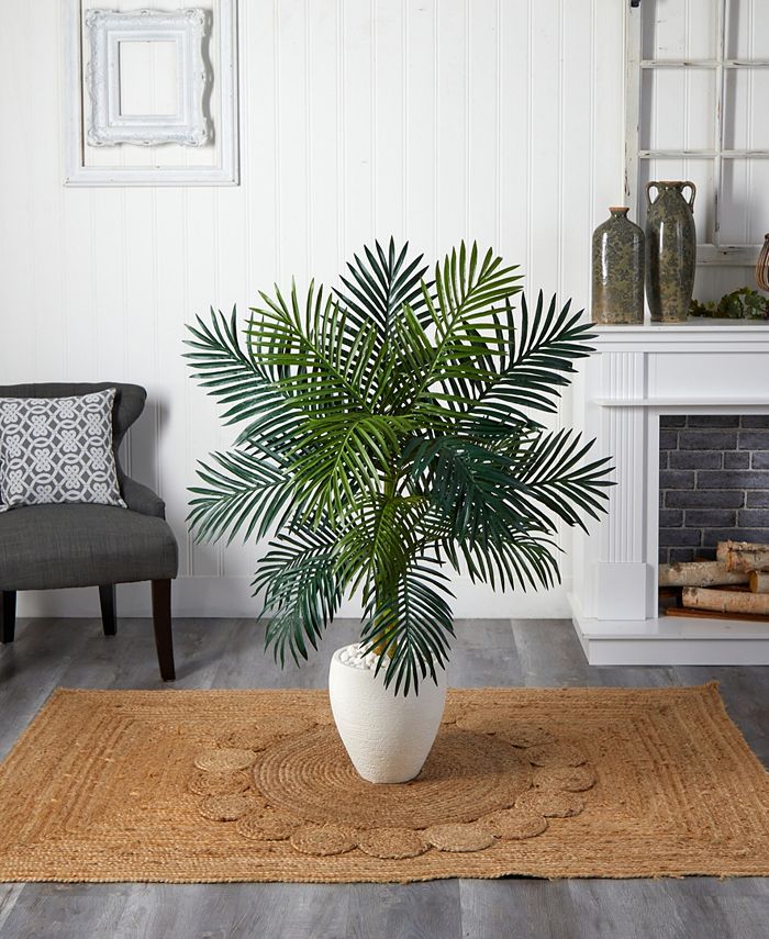 Nearly Natural 4.5' Golden Cane Palm Artificial Tree in White Oval