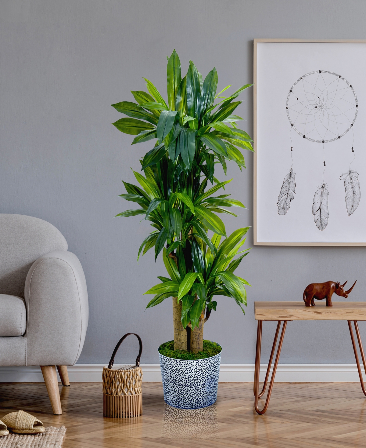 Nearly Natural 58in. Corn Stalk Dracaena Artificial Plant in Black Embossed Tin Planter Real Touch