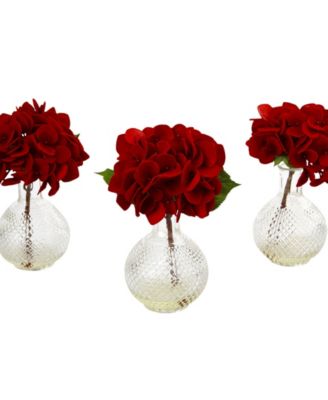 Nearly Natural - Red Hydrangea w/Glass Vase, Set of 3
