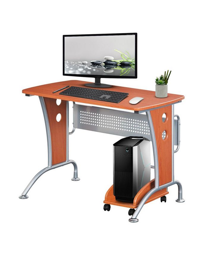 Simplie Fun Modern Computer Desk With Mobile CPU Caddy, Dark Honey