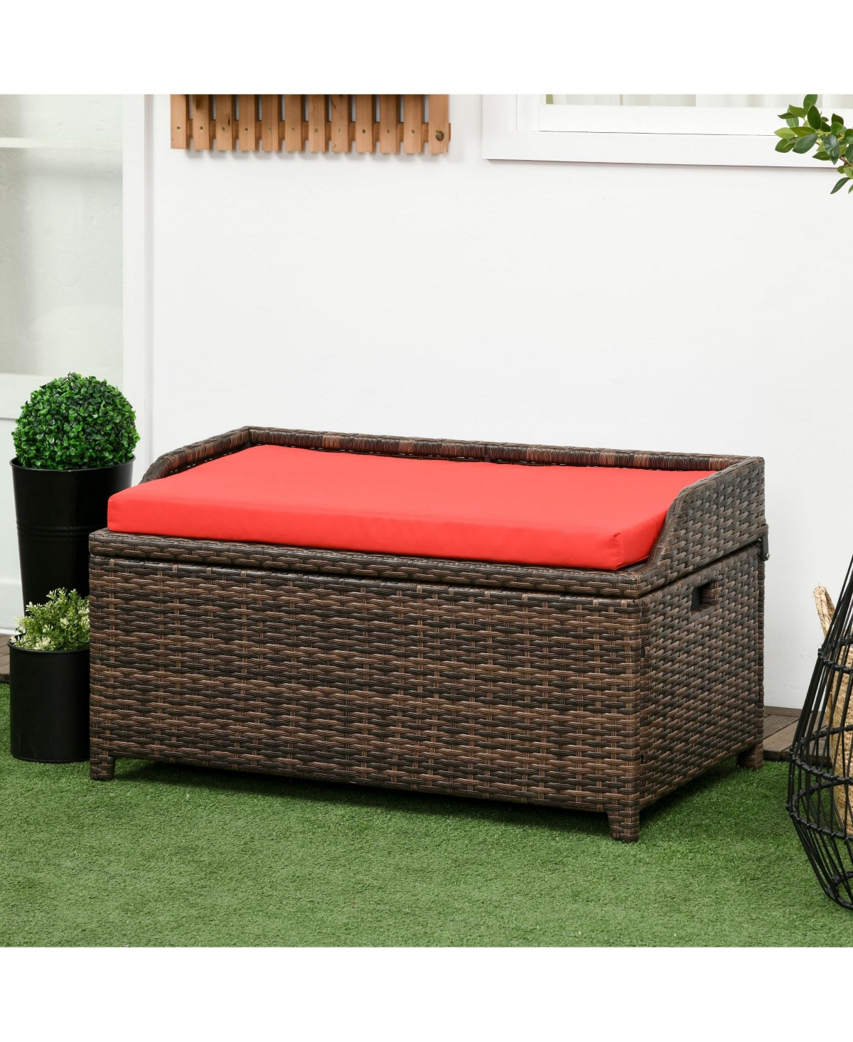 Outsunny Patio Wicker Storage Bench, Cushioned Outdoor Pe Rattan Patio Furniture, Air Strut Assisted Easy Open, Two-In-One Seat Box with Handles Seat