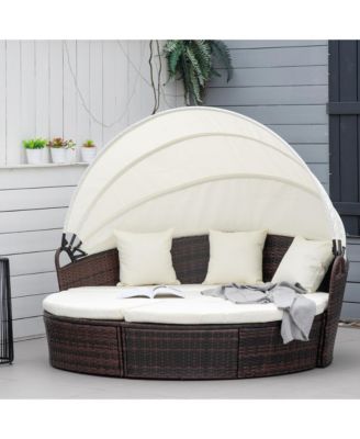 Rat Daybed Patio Furniture Set w/ Adjustable Canopy,